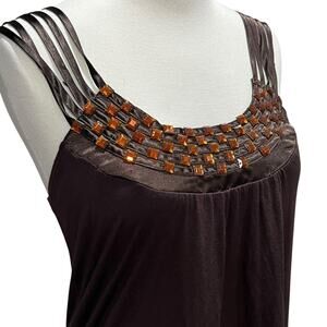 Lola Tank Top Womens L Brown Beaded Embellished Strappy Tunic Flowy Casual Chic